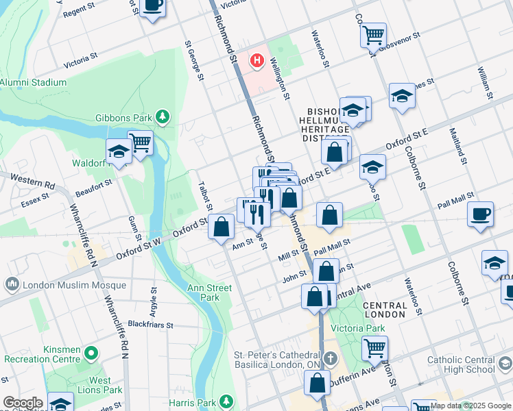 map of restaurants, bars, coffee shops, grocery stores, and more near 179 Oxford Street East in London