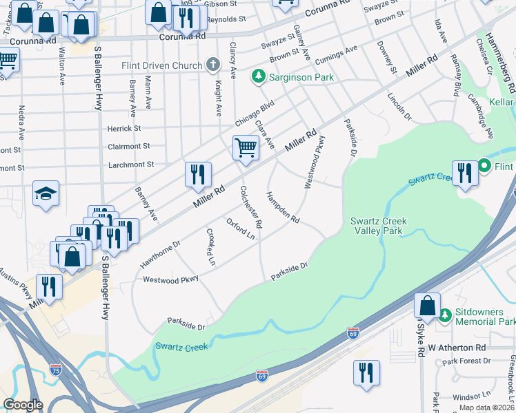 map of restaurants, bars, coffee shops, grocery stores, and more near 1910 Colchester Road in Flint