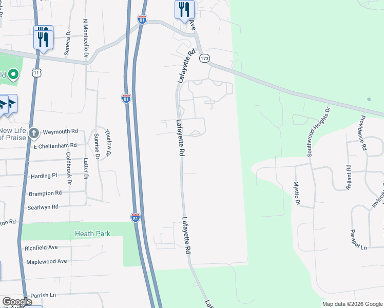 map of restaurants, bars, coffee shops, grocery stores, and more near 305 Lafayette Road in Syracuse