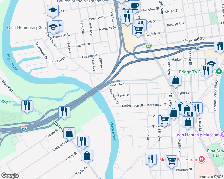 map of restaurants, bars, coffee shops, grocery stores, and more near 1914 Riverside Drive in Port Huron