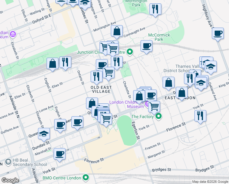 map of restaurants, bars, coffee shops, grocery stores, and more near 480 Quebec Street in London