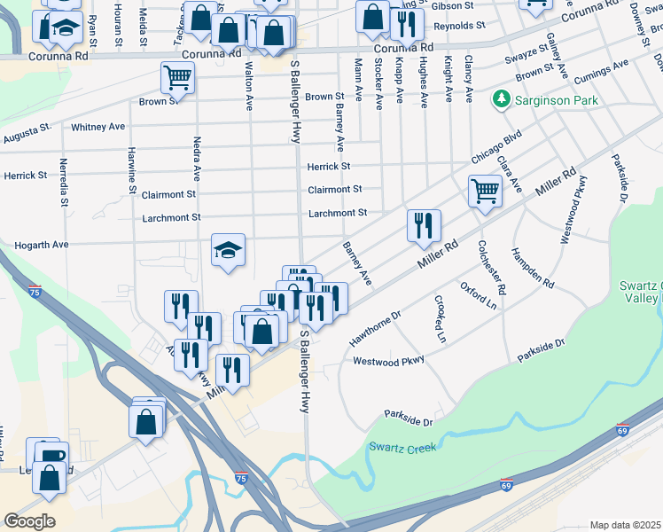 map of restaurants, bars, coffee shops, grocery stores, and more near 3502 Brandon Street in Flint