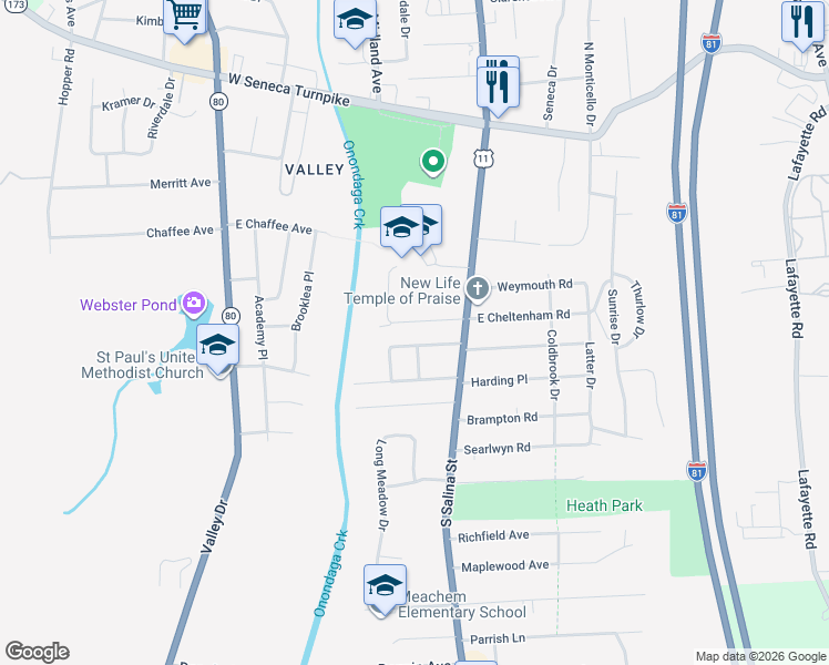 map of restaurants, bars, coffee shops, grocery stores, and more near 212 West Warrington Road in Syracuse