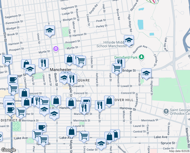 map of restaurants, bars, coffee shops, grocery stores, and more near 334 East High Street in Manchester