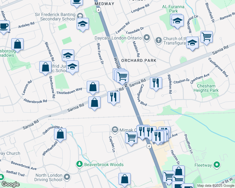 map of restaurants, bars, coffee shops, grocery stores, and more near 520 Sarnia Road in London