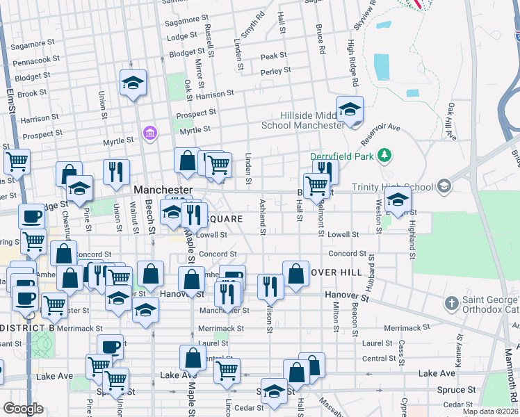map of restaurants, bars, coffee shops, grocery stores, and more near 323 East High Street in Manchester