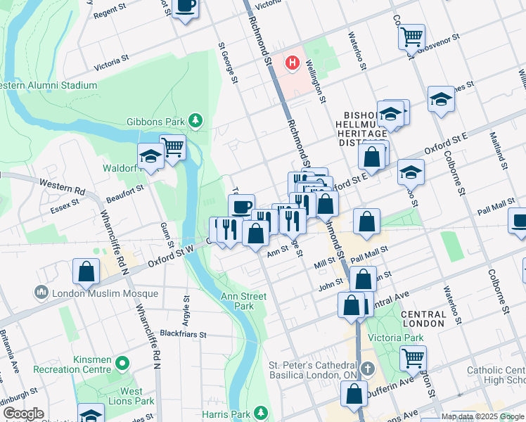 map of restaurants, bars, coffee shops, grocery stores, and more near 140 Oxford Street East in London