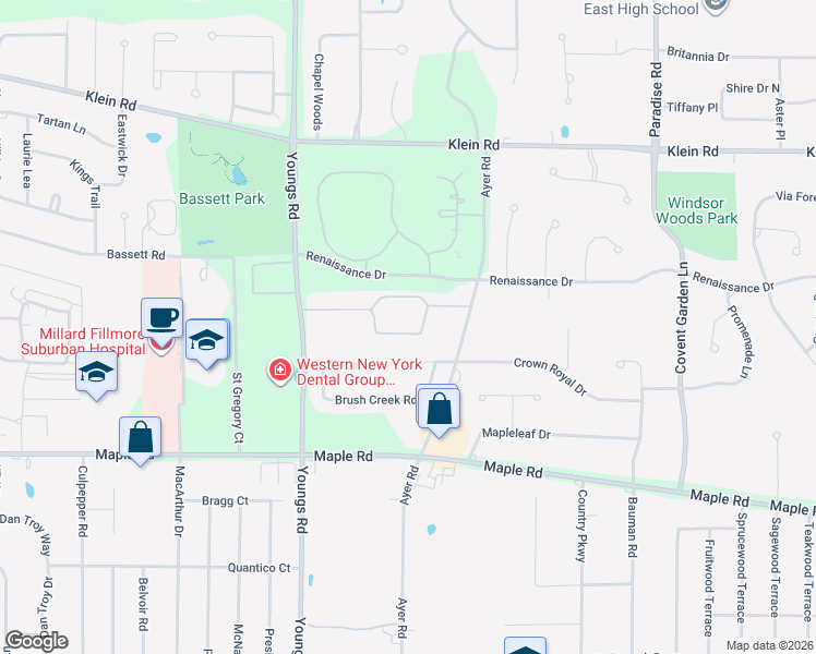 map of restaurants, bars, coffee shops, grocery stores, and more near 1165 Youngs Road in Buffalo