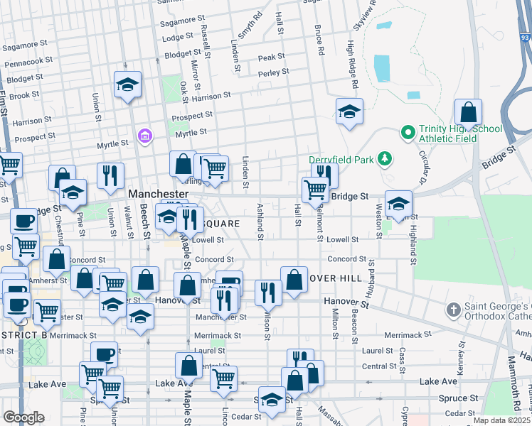 map of restaurants, bars, coffee shops, grocery stores, and more near 351 East High Street in Manchester