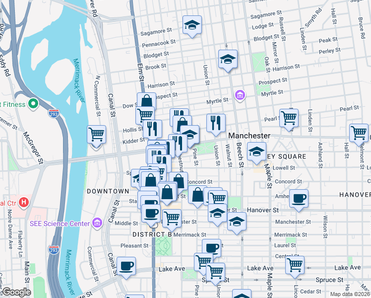 map of restaurants, bars, coffee shops, grocery stores, and more near 470 Pine Street in Manchester