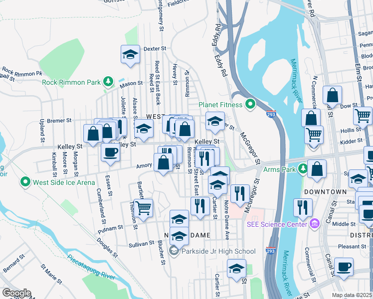 map of restaurants, bars, coffee shops, grocery stores, and more near 503 Hevey Street in Manchester