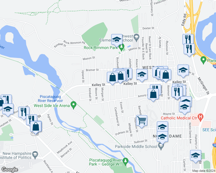 map of restaurants, bars, coffee shops, grocery stores, and more near 66 Boutwell Street in Manchester