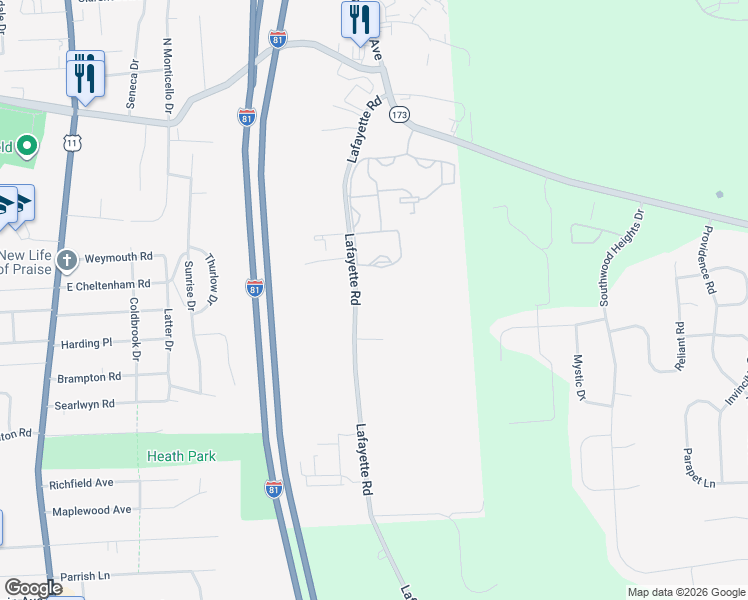 map of restaurants, bars, coffee shops, grocery stores, and more near 305 Lafayette Road in Syracuse