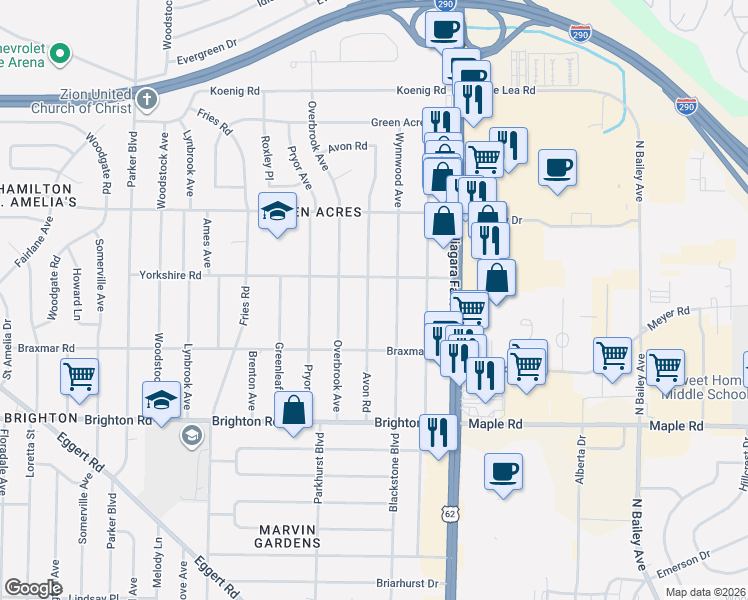map of restaurants, bars, coffee shops, grocery stores, and more near 126 Avon Road in Tonawanda