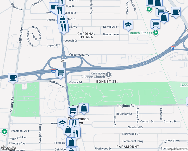 map of restaurants, bars, coffee shops, grocery stores, and more near 113 Bonnett Avenue in Tonawanda