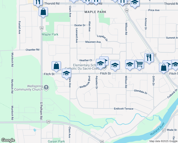 map of restaurants, bars, coffee shops, grocery stores, and more near 419 Fitch Street in Welland