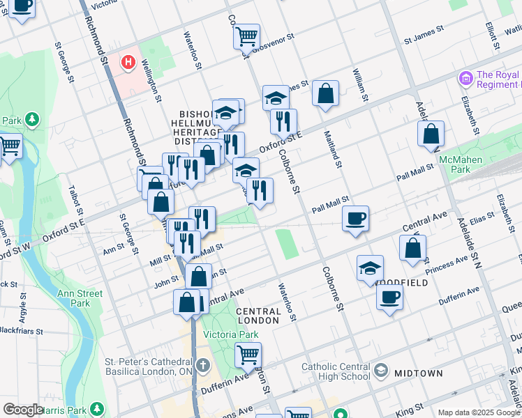 map of restaurants, bars, coffee shops, grocery stores, and more near 680 Waterloo Street in London