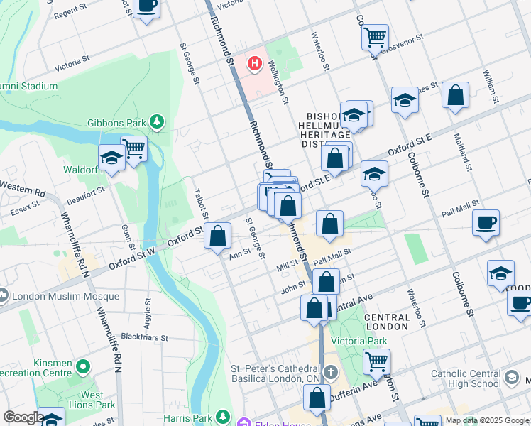 map of restaurants, bars, coffee shops, grocery stores, and more near 206 Piccadilly Street in London