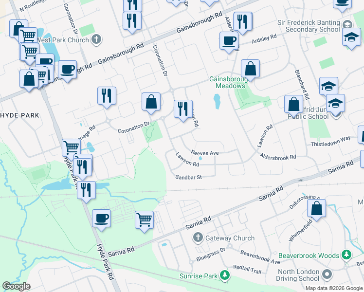 map of restaurants, bars, coffee shops, grocery stores, and more near 910 Reeves Avenue in London