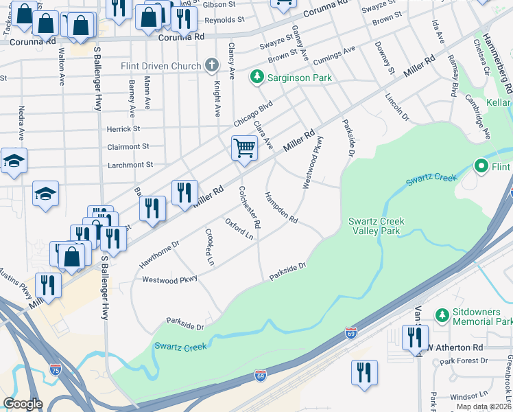 map of restaurants, bars, coffee shops, grocery stores, and more near 1910 Colchester Road in Flint