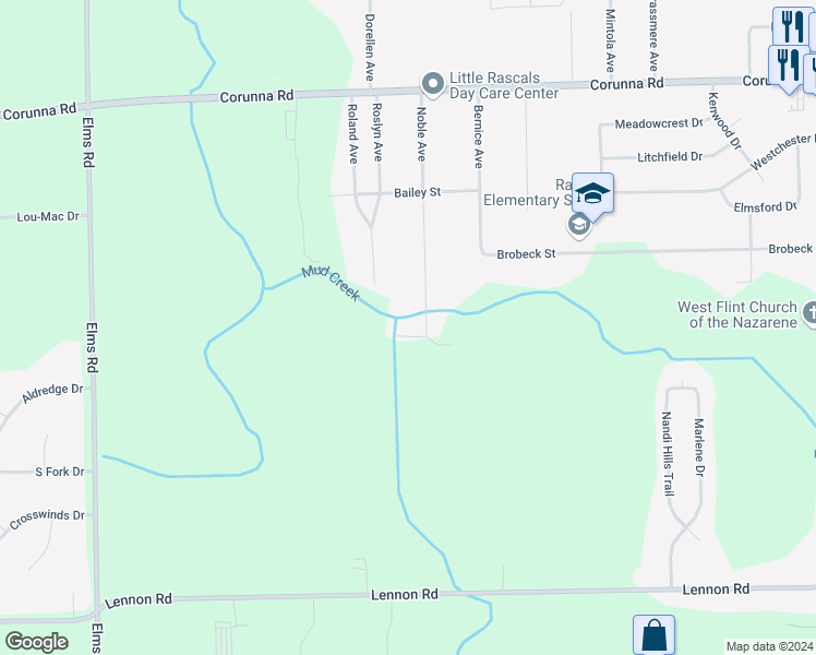map of restaurants, bars, coffee shops, grocery stores, and more near 2263 Noble Avenue in Flint