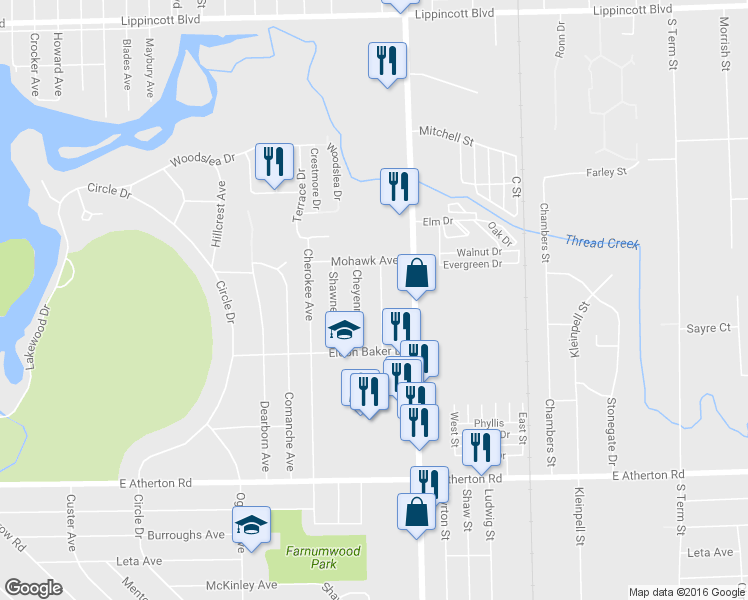 map of restaurants, bars, coffee shops, grocery stores, and more near 3014 Menominee Street in Flint