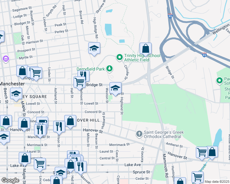 map of restaurants, bars, coffee shops, grocery stores, and more near 502 East High Street in Manchester