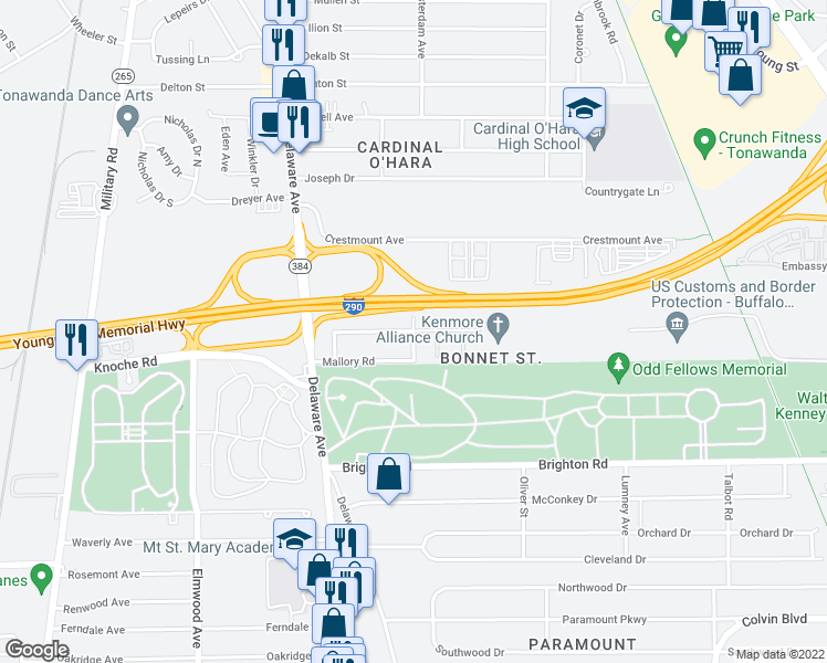 map of restaurants, bars, coffee shops, grocery stores, and more near 108 Bonnett Avenue in Tonawanda