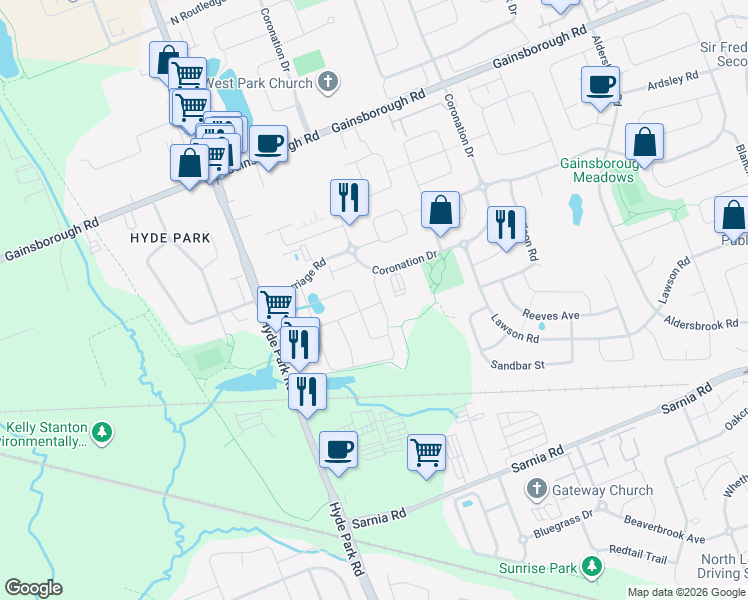 map of restaurants, bars, coffee shops, grocery stores, and more near 1872 Finley Crescent in London
