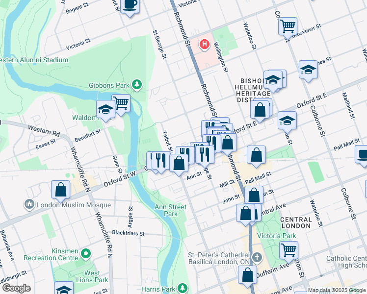 map of restaurants, bars, coffee shops, grocery stores, and more near 140 Oxford Street East in London