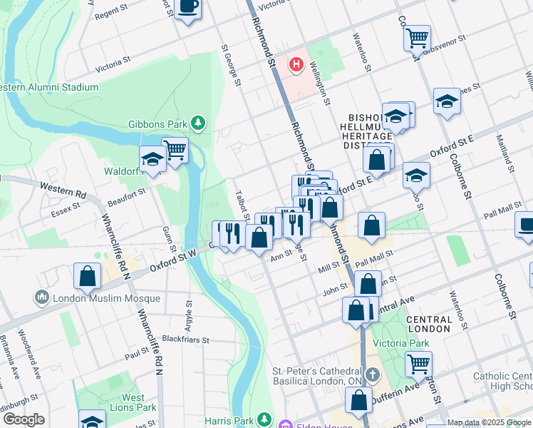 map of restaurants, bars, coffee shops, grocery stores, and more near 140 Oxford Street East in London