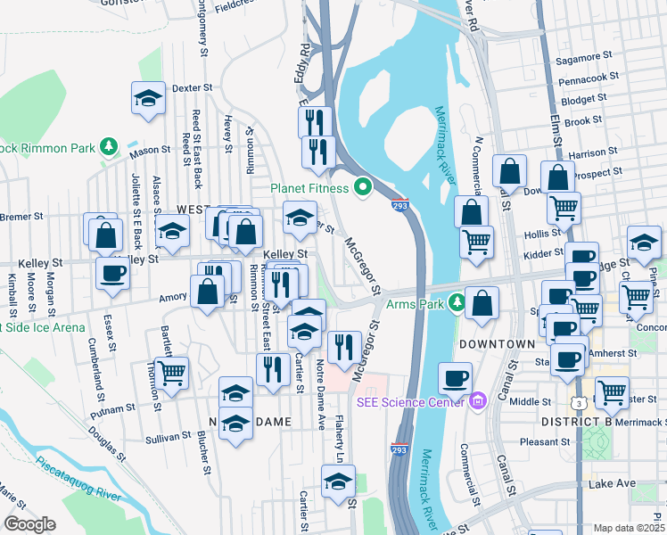 map of restaurants, bars, coffee shops, grocery stores, and more near 164 Dionne Drive in Manchester