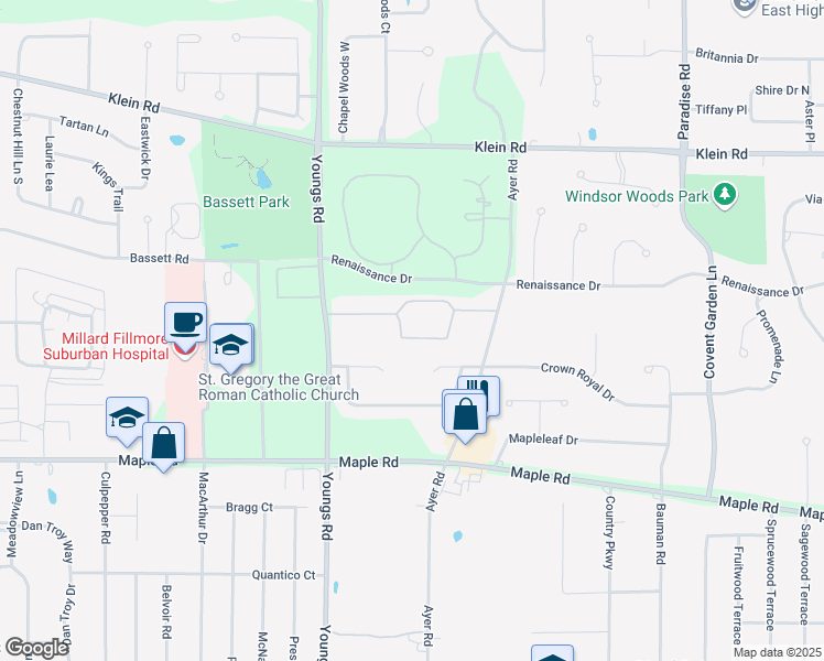 map of restaurants, bars, coffee shops, grocery stores, and more near 1185 Youngs Road in Buffalo
