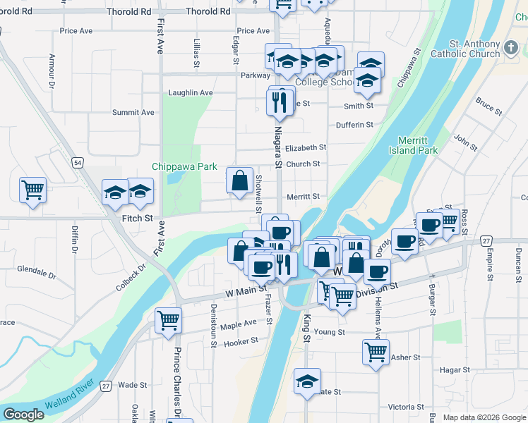 map of restaurants, bars, coffee shops, grocery stores, and more near 30 Shotwell Street in Welland