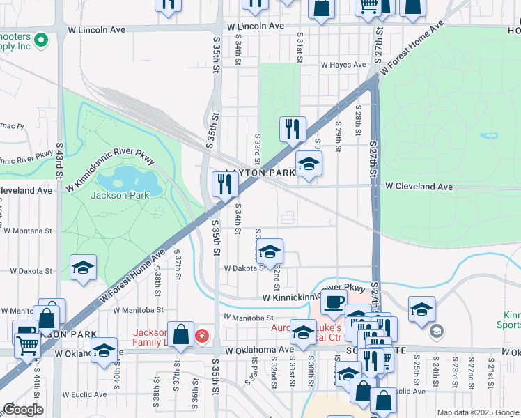 map of restaurants, bars, coffee shops, grocery stores, and more near 3301 West Forest Home Avenue in Milwaukee
