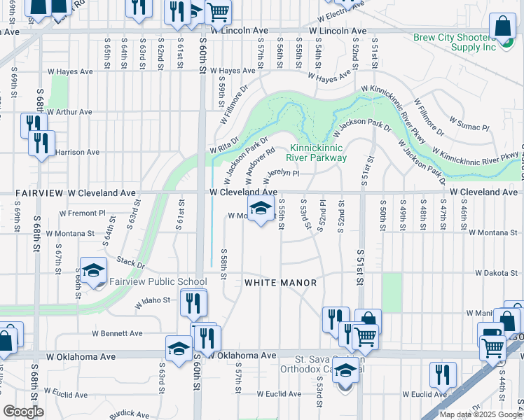 map of restaurants, bars, coffee shops, grocery stores, and more near 5600 West Montana Street in Milwaukee