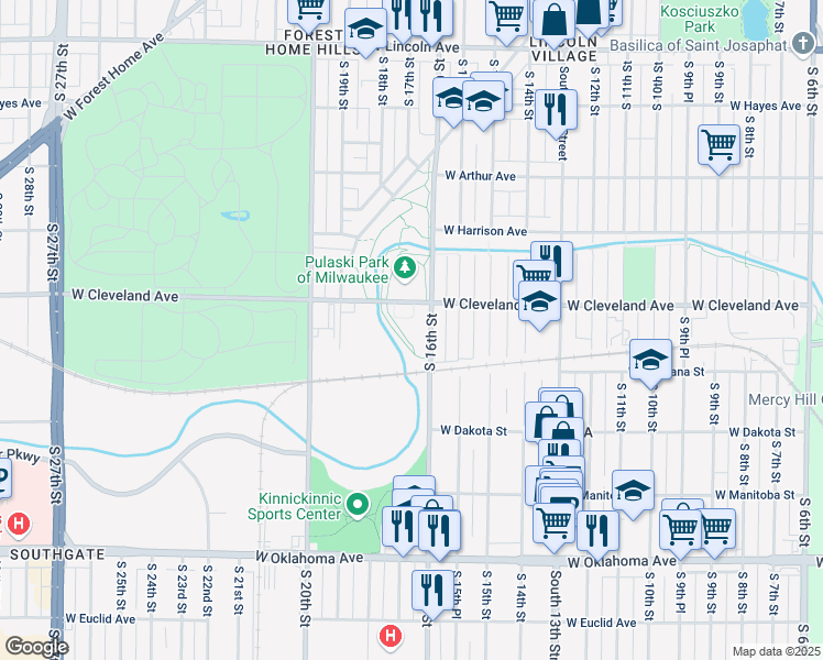 map of restaurants, bars, coffee shops, grocery stores, and more near 2701 South 16th Street in Milwaukee