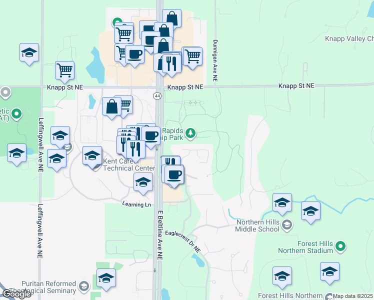 map of restaurants, bars, coffee shops, grocery stores, and more near 1791 Park Trail Northeast in Grand Rapids
