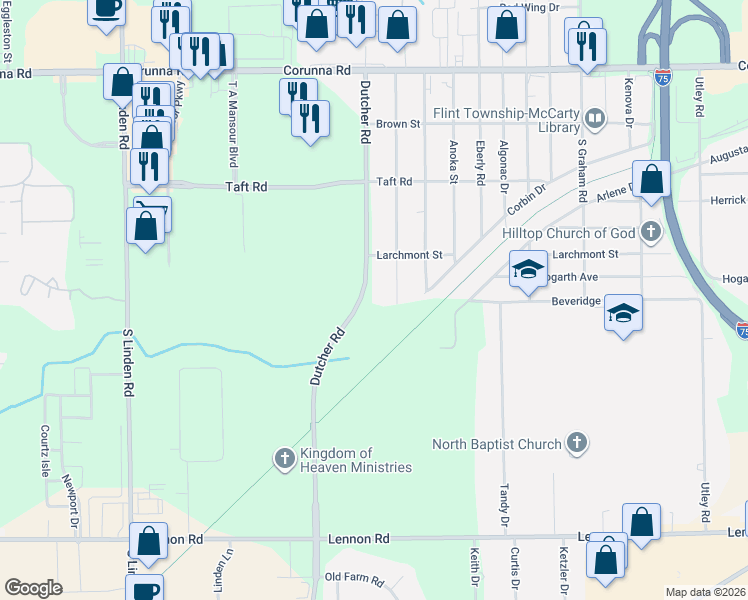 map of restaurants, bars, coffee shops, grocery stores, and more near 2261 Dutcher Road in Flint