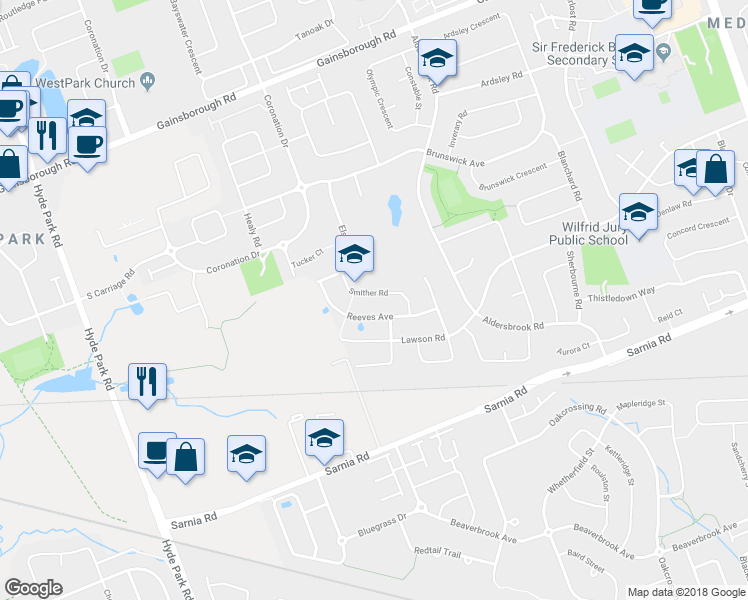 map of restaurants, bars, coffee shops, grocery stores, and more near 1177 Smither Road in London