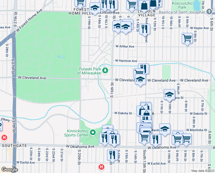map of restaurants, bars, coffee shops, grocery stores, and more near 2701 South 16th Street in Milwaukee