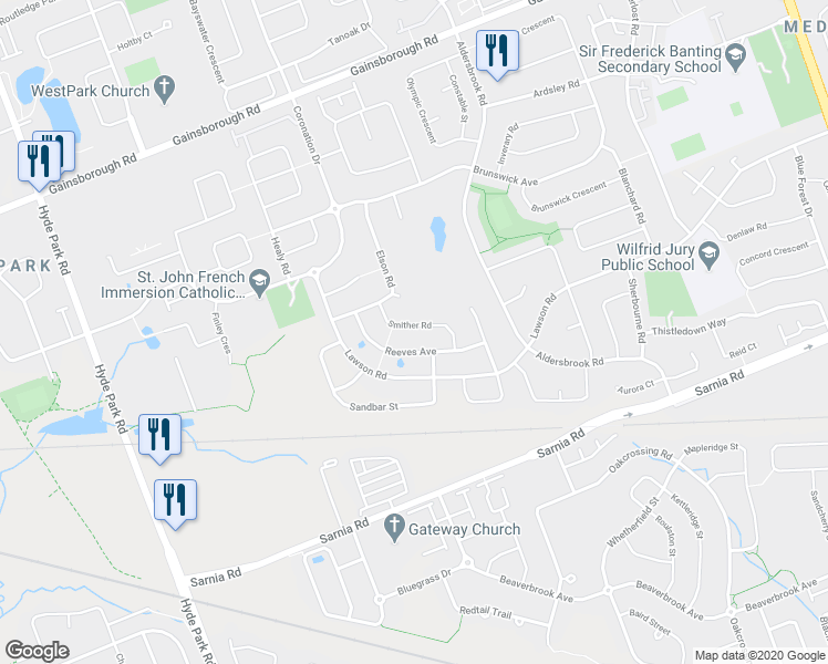 map of restaurants, bars, coffee shops, grocery stores, and more near 1177 Smither Road in London