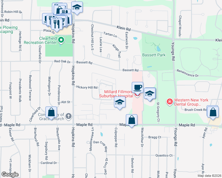 map of restaurants, bars, coffee shops, grocery stores, and more near 42 Hickory Hill Road in Buffalo