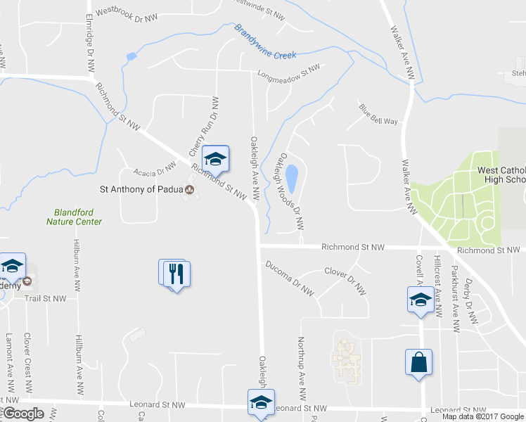 map of restaurants, bars, coffee shops, grocery stores, and more near 1680 Oakleigh Avenue Northwest in Grand Rapids