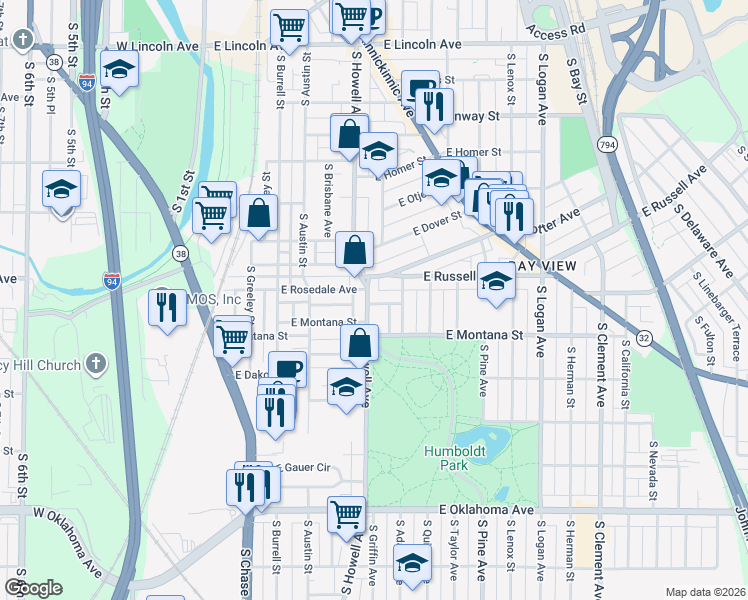 map of restaurants, bars, coffee shops, grocery stores, and more near 2751 South Howell Avenue in Milwaukee