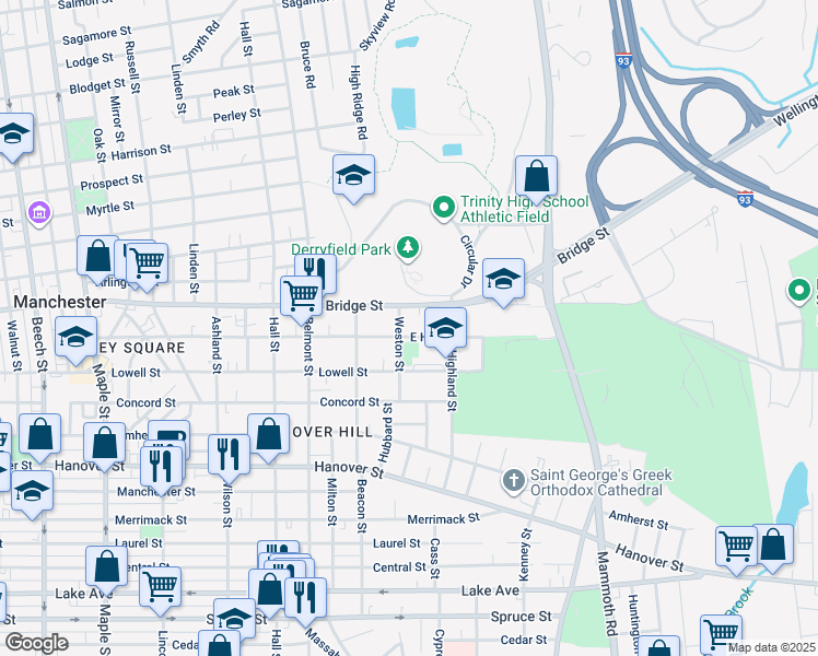 map of restaurants, bars, coffee shops, grocery stores, and more near 502 East High Street in Manchester