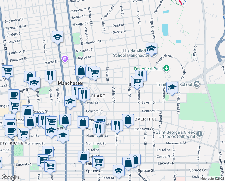 map of restaurants, bars, coffee shops, grocery stores, and more near 323 East High Street in Manchester