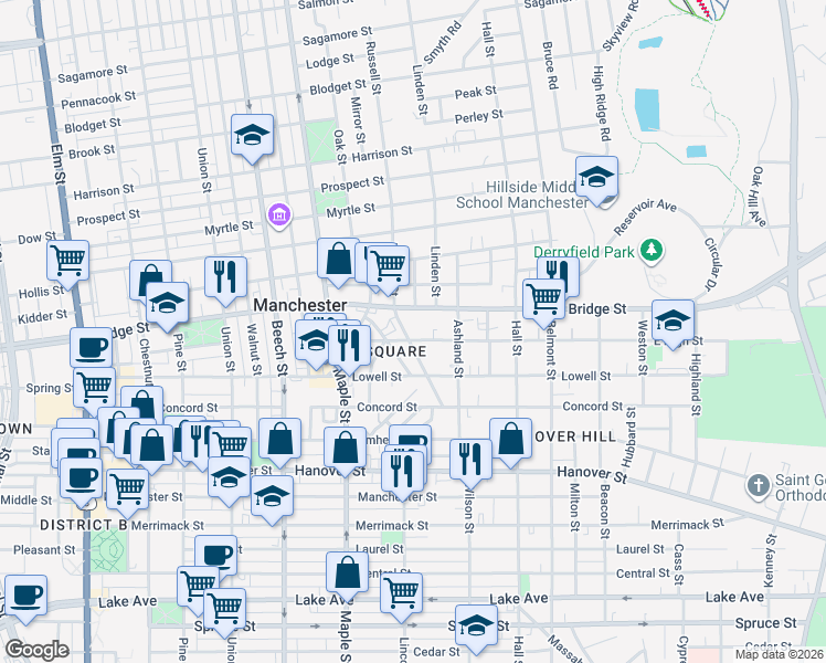 map of restaurants, bars, coffee shops, grocery stores, and more near 23 Jane Street in Manchester