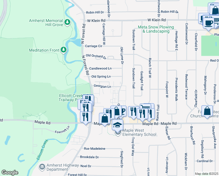 map of restaurants, bars, coffee shops, grocery stores, and more near 39 Georgian Lane in Buffalo