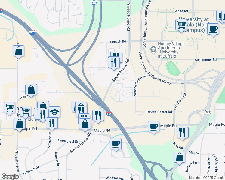 map of restaurants, bars, coffee shops, grocery stores, and more near 1261 Sweet Home Road in Buffalo